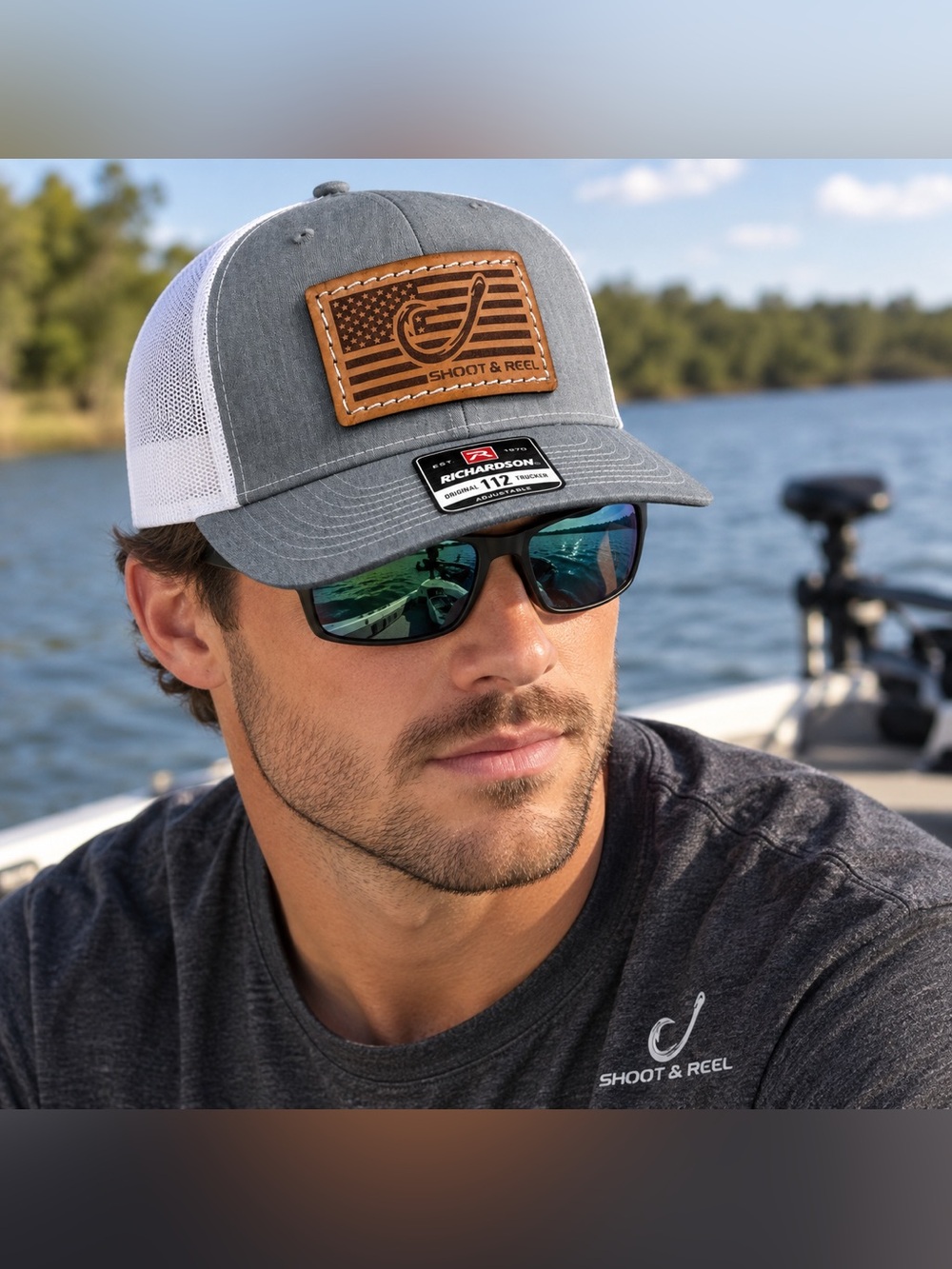 Shoot & Reel Hook Flag Leather Patch Trucker Hat Gray White NWT